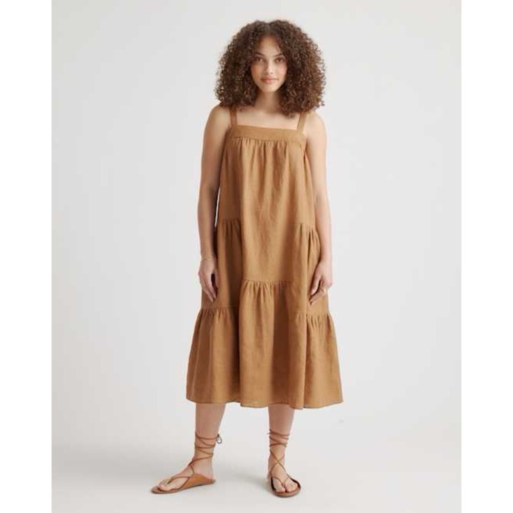 Quince Linen Tan Brown Trapeze Midi Dress